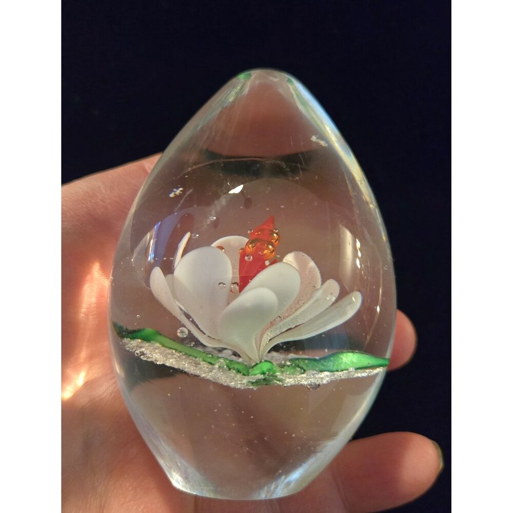 Handcrafted Clear Glass Egg Paperweight With White Flower & Red Accents By Ruby